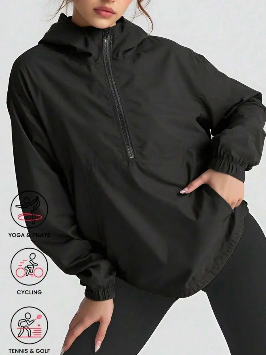 Women's Half Zip Sports Hoodie Jacket, Multi Pocket Functional Pullover Windbreaker for Running, Hiking, Outdoor Activities, Loose Fit Black Activewear Top