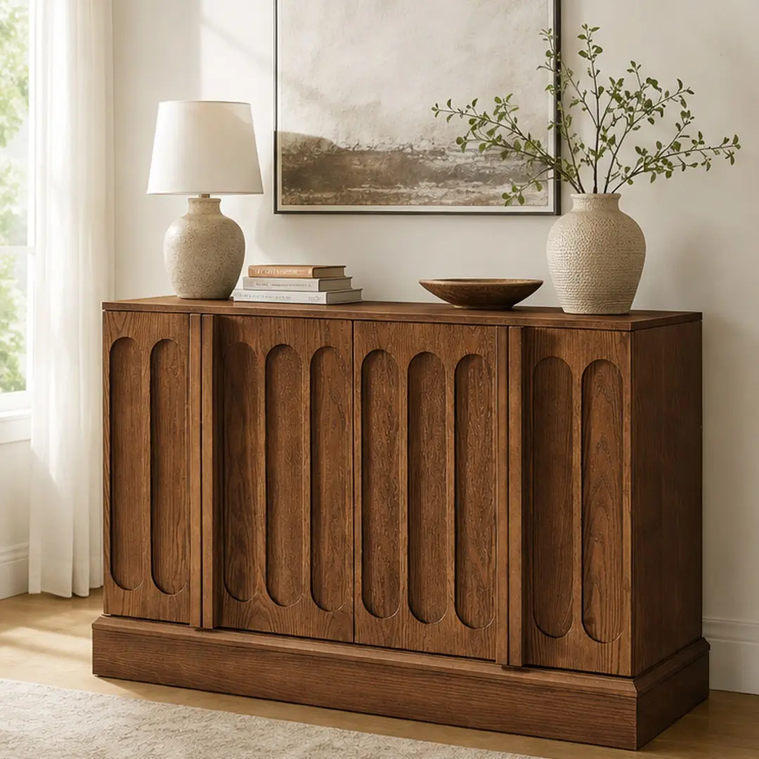 ARCH Mid Century Modern Fluted Walnut MDF Sideboard - Multifunctional Storage, Modern Accent, Sturdy Base, Adjustable Shelves, Anti-Tipping, Built-In Outlet Holes, 43.5W x 15.8D x 29.1H in, 86.4 lb, DIY Assembly, Dining/Living Room Indoor Furniture, Multi