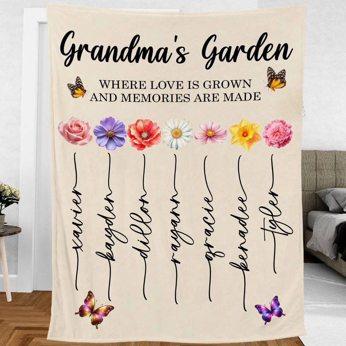 Petthouse | Personalized Grandma Family Blanket, Custom Name And Birth Month Flowers, Grandma's Garden Love Blanket