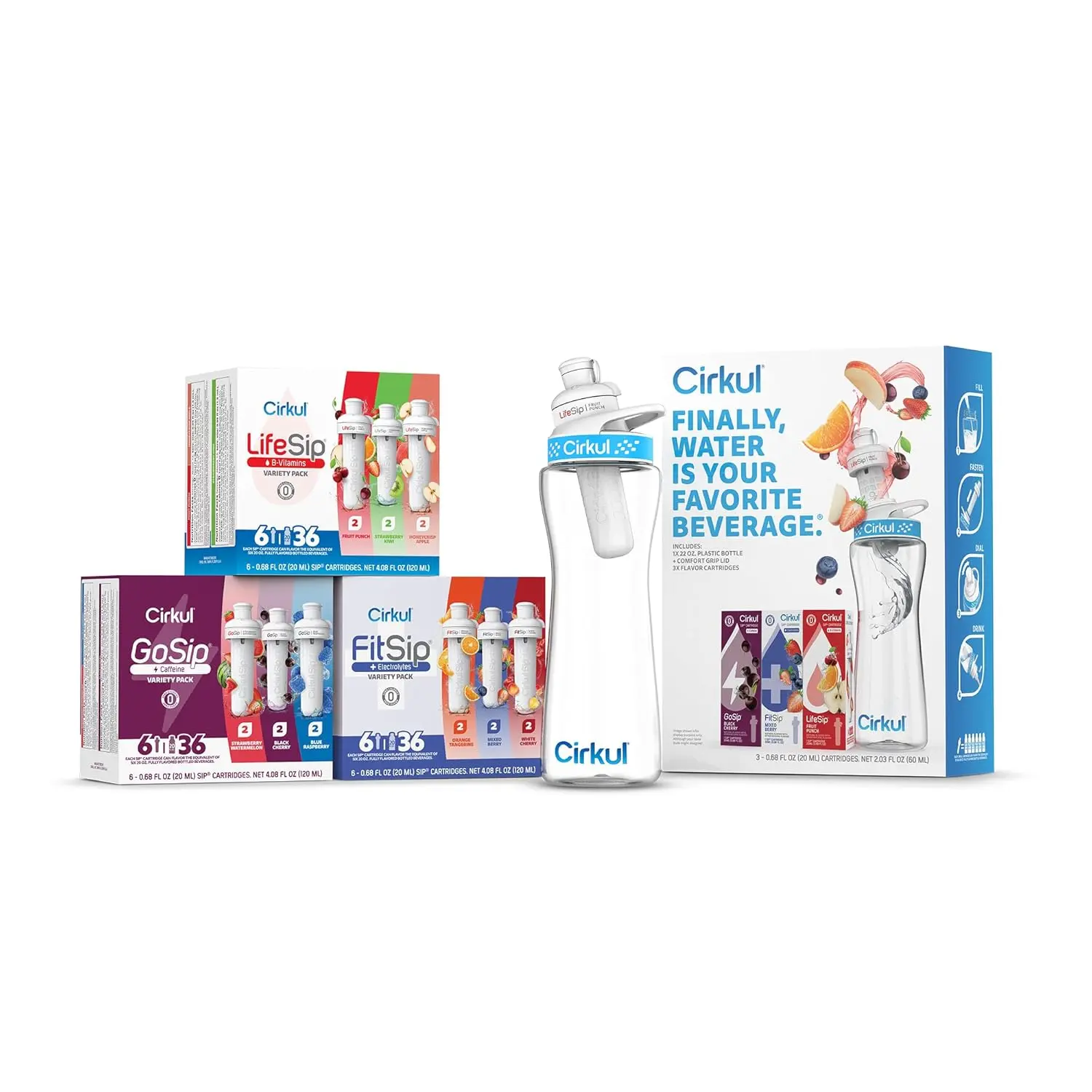 Cirkul 22oz BPA-Free Plastic Water Bottle Starter Kit Drinkware - Quench on The Quad Bundle with Lid, 21 Flavor Cartridges (LifeSip, GoSip, FitSip) for College Students