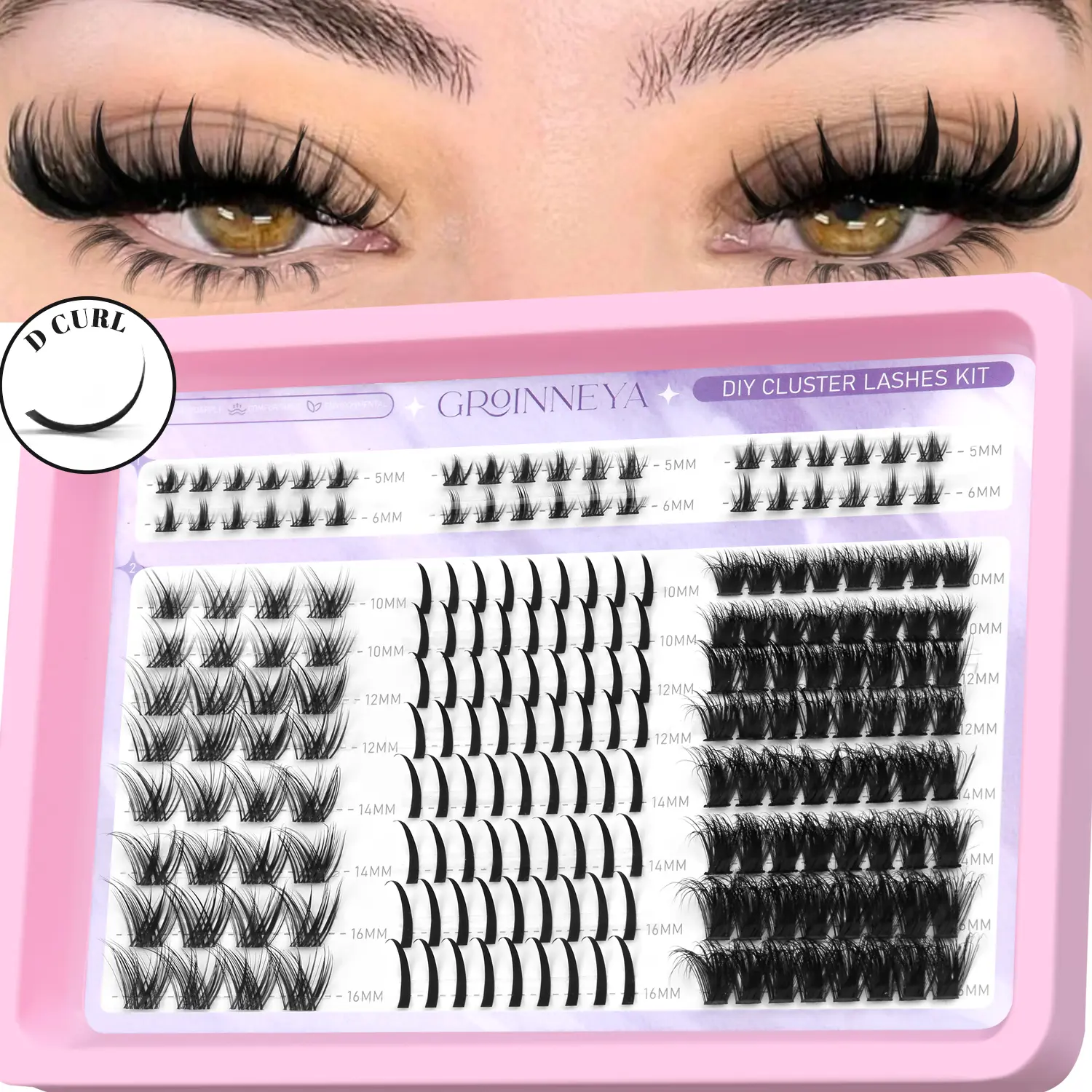 GROINNEYA 204PCS Cluster Lashes, Soft Fluffy Lashes, Downy 5-16mm DIY Lashes, Wispy Individual Lashes C Curl Glam Volume Eyelashes Fishtail Effect Extended Eyeliner Lashes With Clear Band, Perfect For Daily And Date Makeup