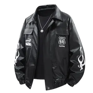 Men's White Streetwear Jacket with Route 66 & Flame Graphics, Retro Motorcycle Style Casual Collared Outerwear