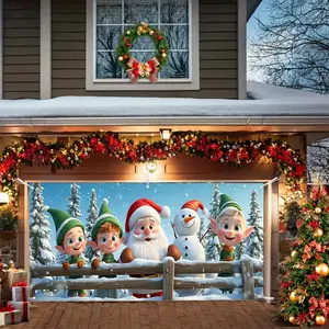 Christmas Gate Banner with Santa, Elves, Snowman & Reindeer Design, Large Polyester Outdoor Decoration, Easy-To-Hang Holiday Photo Backdrop