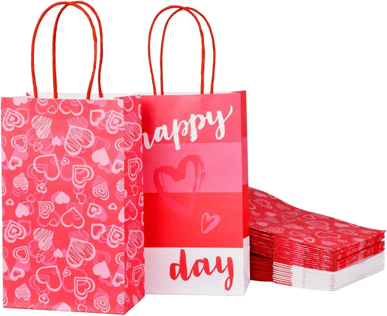 Hot Heart Love Kraft Paper Gift Bags with Handles for Valentine's Day, Weddings, and Anniversaries - 24 Pack, 5.5X3.2X9inch