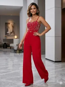 WENRY Summer Luxury Chic Pearl & Rhinestone Jumpsuit Slim Fit Adjustable Straps Woven Fabric Breathable Womenswear
