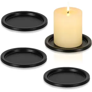 Black Iron Plate Candle Holder- Set of 4 | 3.8" D x 0.2" H |   Decorative Iron Pillar Candle Plate, Elegant Candle Stand for LED & Wax Candles, Incense Cones, Spa, Weddings (4 pcs)