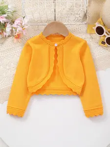 Elegant Baby Girl Knit Open Front Cardigan, Hollow Out Lace Trim, Fall Winter Fashion, Stylish Shawl for Infants