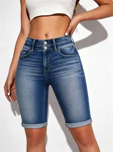 Womens Mid Rise Luscious Curvy Roll Cuff Bermuda Stretch Denim Jean Shorts