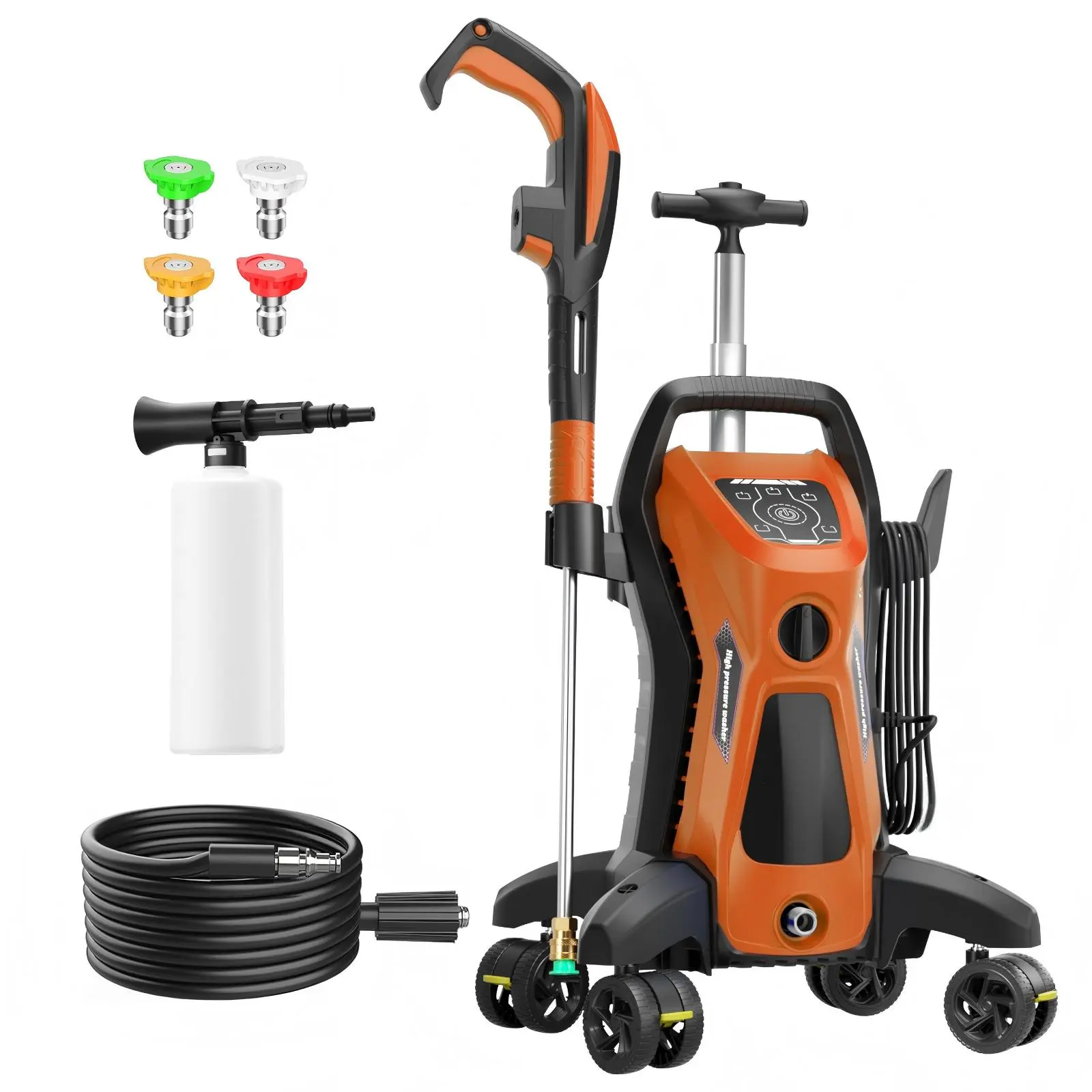 Electric Pressure Washer 4500PSI 3.9GPM, 15 Level Adjustable Touch Screen, Anti-Tip 4 Wheels, Focused Dirt and Grime Cleaning, with 4 Adjustable Nozzle, 500ML Foam Cannon, Stainless Steel Lance and Total Stop System for Car Wash, Home, Patio Cleaning