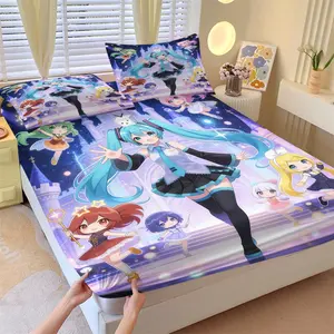 Blue Hair Anime Girl Print Fitted Sheet Set, Includes One Bedspread and 2 Pillowcases, Cute Cartoon Castle Pattern Mattress Cover, Kawaii Japanese Style Anime Princess Bedding, Soft Skin-Friendly, All Seasons Use