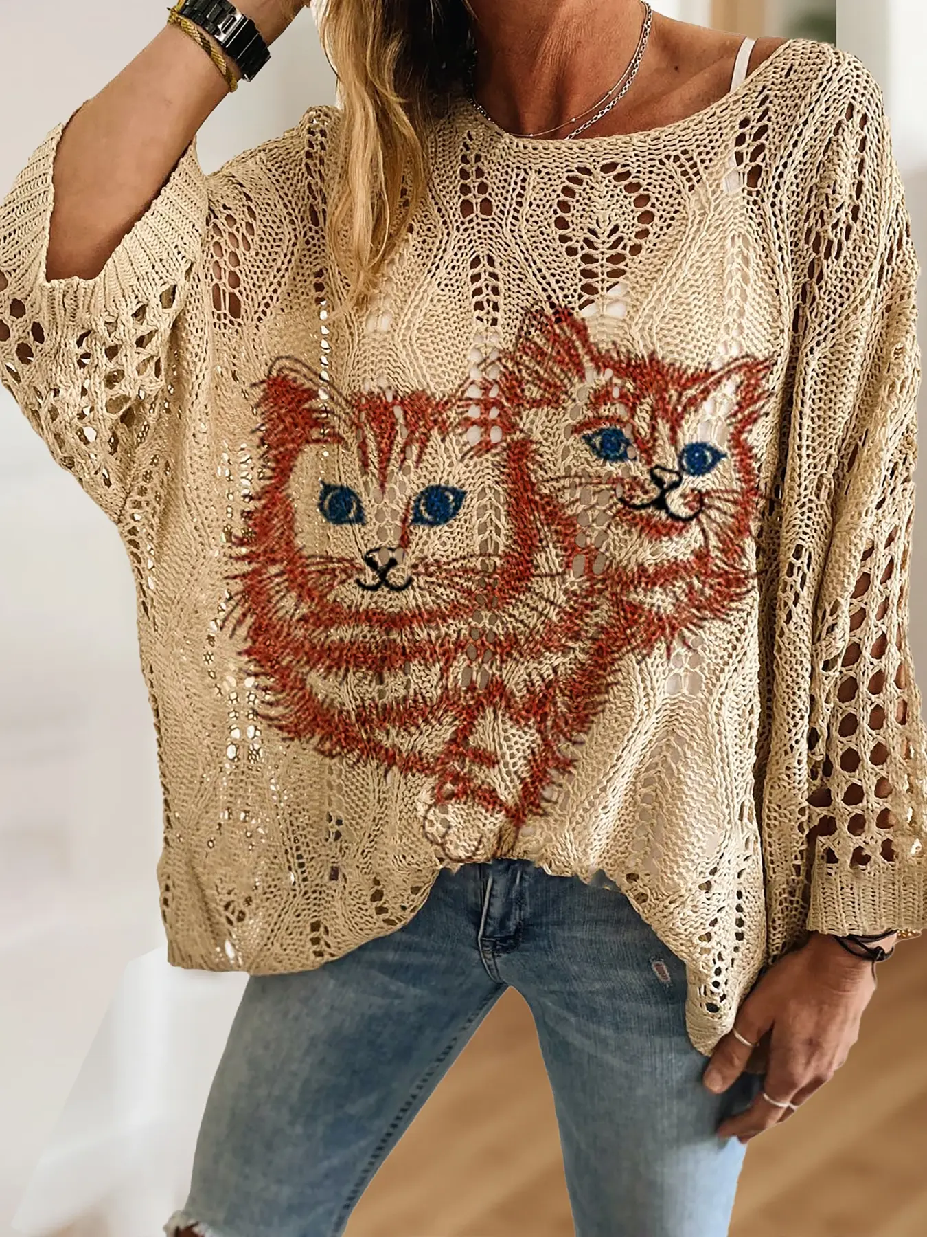 Women's Cartoon Cat Animal Print Long Sleeve Knit Hollow Out Top, Casual Elegant Vacation Style Sweater, Valentine's Day Knitwear