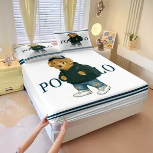 Vintage Polo Bear Fitted Sheet Set, Includes One Bedspread and Two Pillowcases, All-Wrap Anti-Slip Mattress Protector, Girlish Bedroom Bedding, Bed Sheet Sets