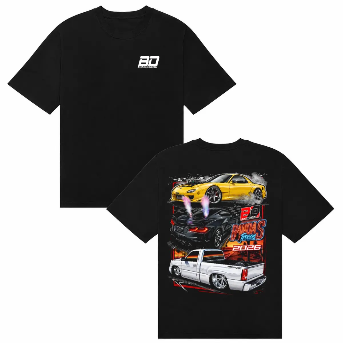 Boost District Bandas y Trocas 2026 Graphic T-Shirt Rx7 Corvette Lowered Truck Car Meet Racing Apparel Streetwear Short Sleeve Cotton Top Male Trendy Event Merch Outfit