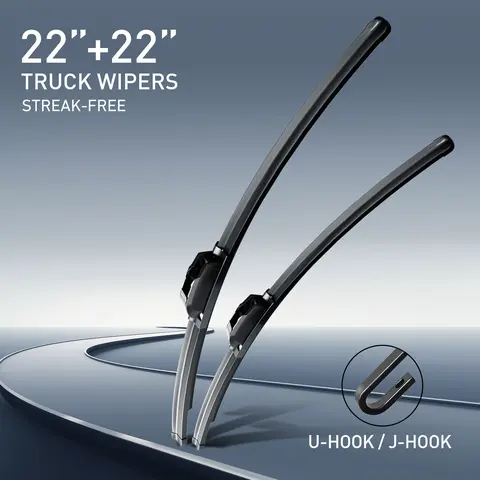 Frameless Windshield Wiper Blades 2-Pack, 22in All-Season Rubber Blades with Quiet Operation, U-Hook/J-Hook Fit for Pickup Trucks, Harsh-Weather Streak-Free Automotive Front Replacement Parts, Frameless Wipers Blades