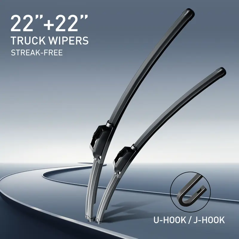 Frameless Windshield Wiper Blades 2-Pack, 22in All-Season Rubber Blades with Quiet Operation, U-Hook/J-Hook Fit for Pickup Trucks, Harsh-Weather Streak-Free Automotive Front Replacement Parts, Frameless Wipers Blades