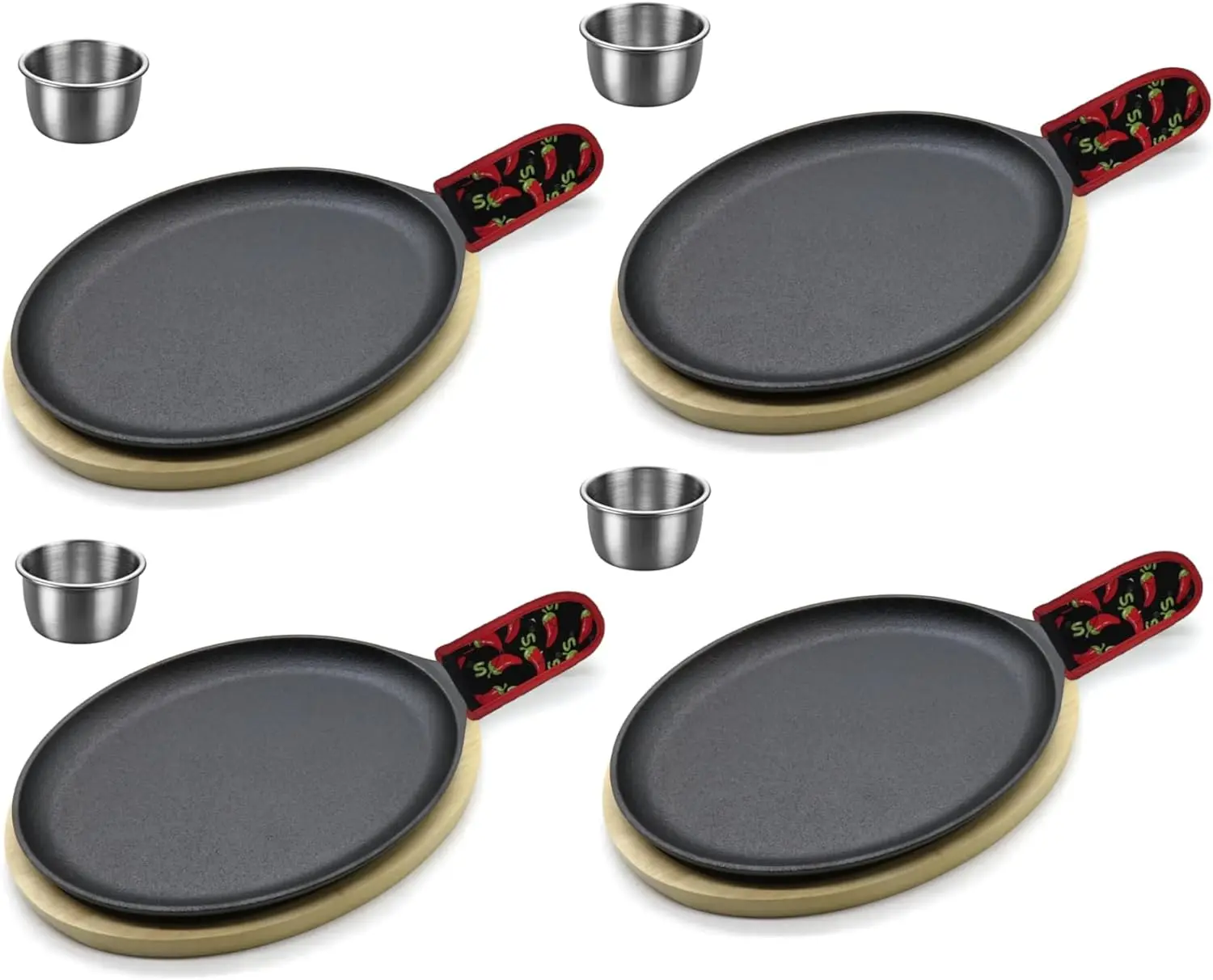 4 x Cast Iron Fajita Plate Set Fajita Plate Pan with Wooden Tray Anti Scald Protection Hot Mitt Cast Iron Skillet Set for  Barbecue Kitchen Party Restaurant Catering Service