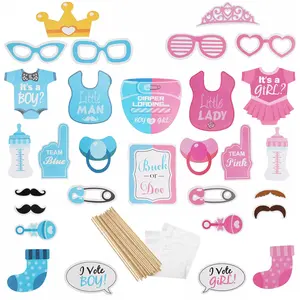 50Pcs Gender Reveal Photo Booth Props with Stick - Boy or Girl Theme Selfie Props - Baby Revealing Party Supplies - He or She Photography Backdrop Decorations