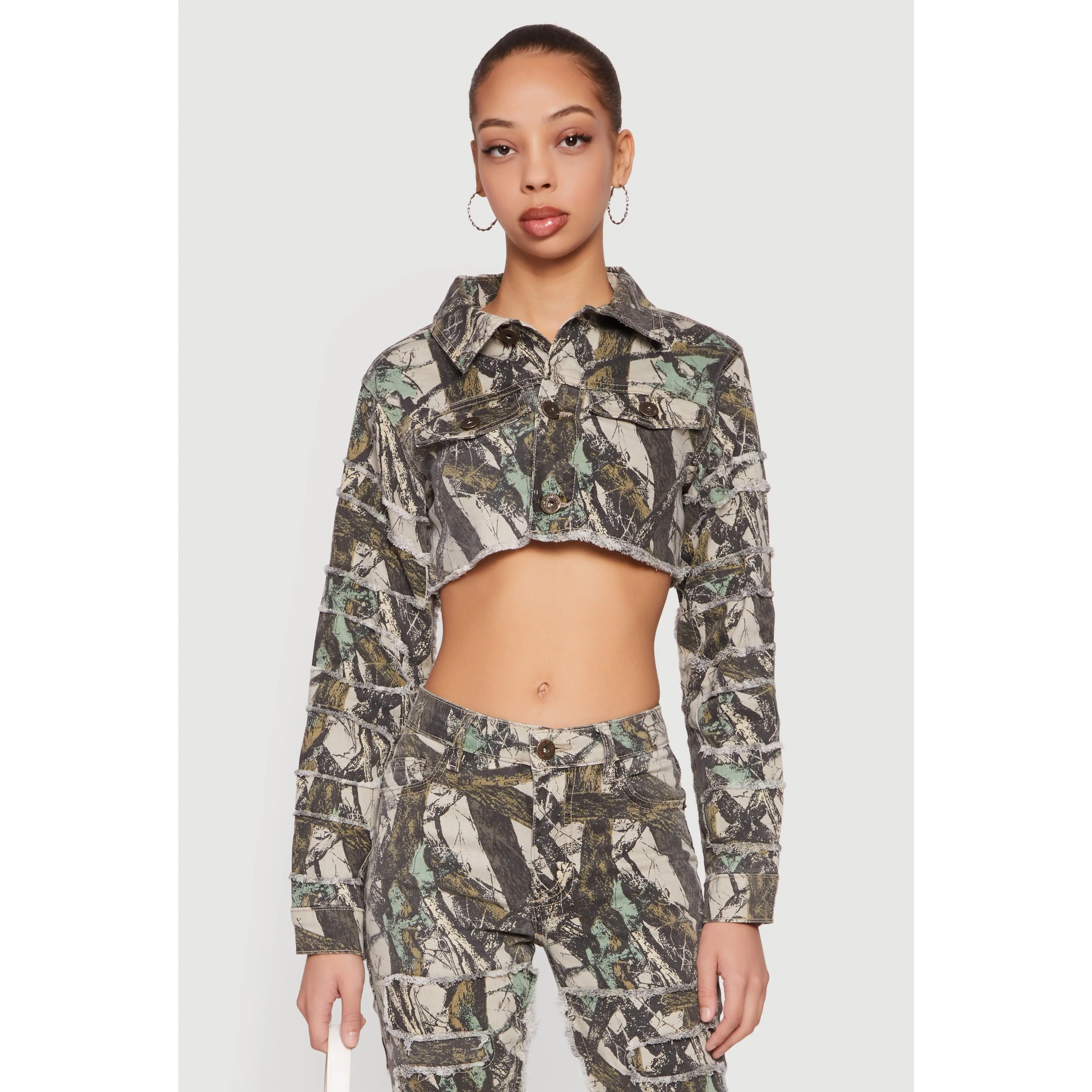 Tree Camo Denim Cropped Frayed Hem Jacket