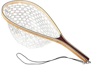 Fishing Net, Fly Fishing Landing Net with Soft Mesh, Wooden Landing Net for Fly Fishing, Soft Rubber Trout Net Catch and Release Fish Net with Wood Handle