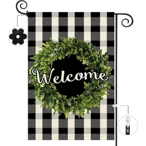 Boxwood Wreath Welcome Garden Flag Double Sided, Buffalo Plaid Check Spring Yard Flag Burlap, Small Farmhouse Rustic Flags for Outdoor Outside Decor 12.5 X 18 Inch