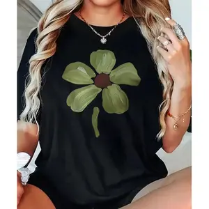 Oil Painting Style Green Flower Minimalist Print T-shirt Artistic Casual Top
