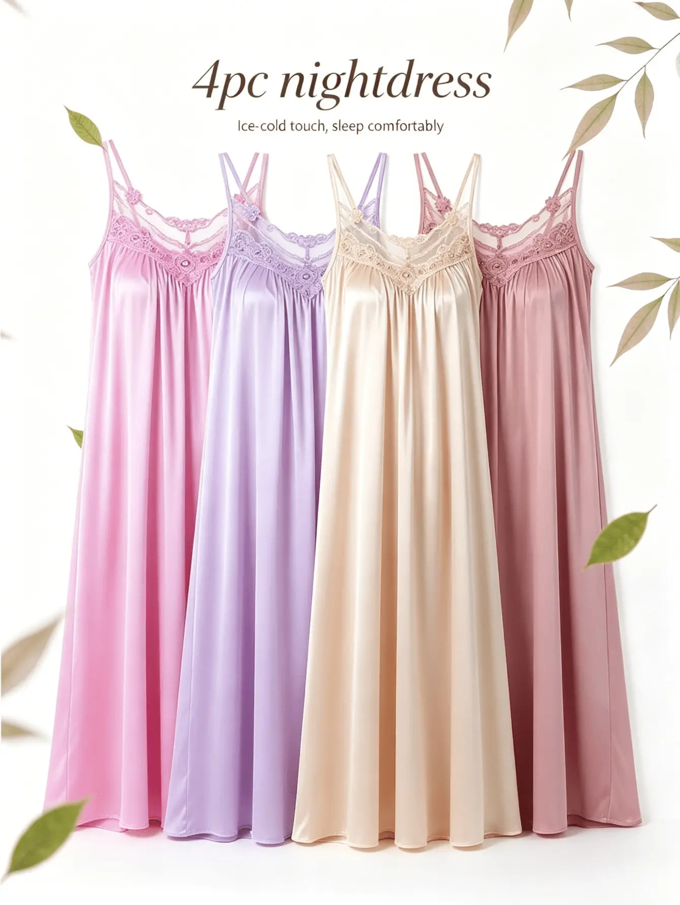 Unisex 4-Piece Smooth Ice Silk Spaghetti-Strap Patchwork Pajama Set - European-American Style Loose Everyday Loungewear