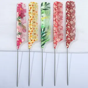 1pc Anti-Static Rat-Tail Comb - Durable  Stylish, Hair Care Comb, 5 Unique Patterns Available, Daisy, Flower, Floral, Green Grass