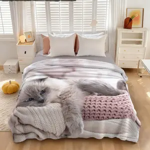 1 piece lazy blue eyes light gray cat pink white knitted texture print skin-friendly soft machine washable suitable for office home travel all seasons Flannel fabric sofa bed blanket, Soft Warm Throw, Cozy Blanket Throw, Flannel Blankets