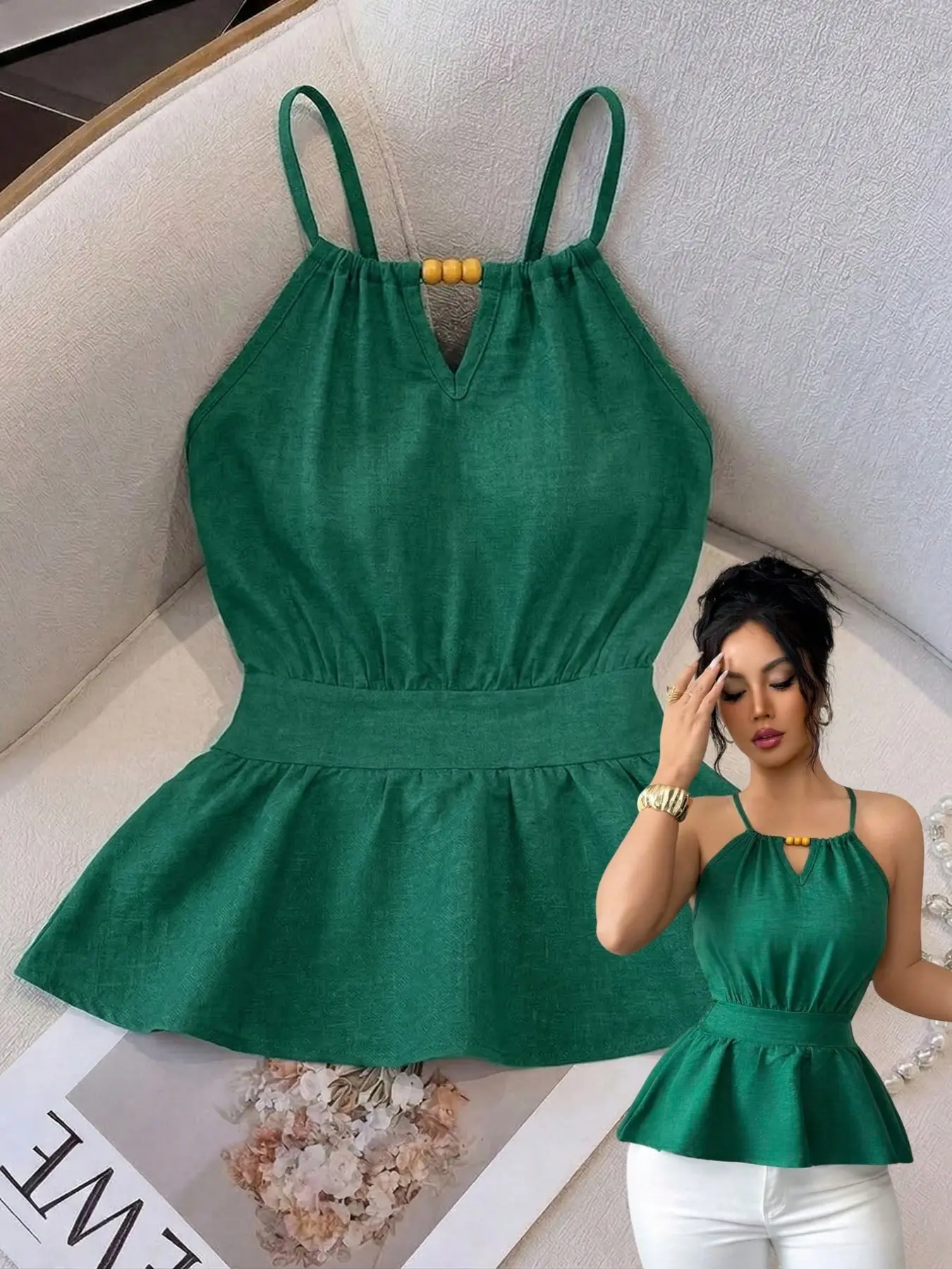 Summer Women's Woven Chic Casual Sexy Elegant Halter Tie Adjustable Drawstring Beaded Back Waist Design Tank Top, Stylish Strapless Blouse