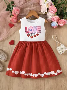 Girls' Sleeveless Dress with Love Letter Heart Print, Comfortable Fabric, Fashion Design, Summer Casual Outdoor Wear, Beach, Wedding, Vacation Gift