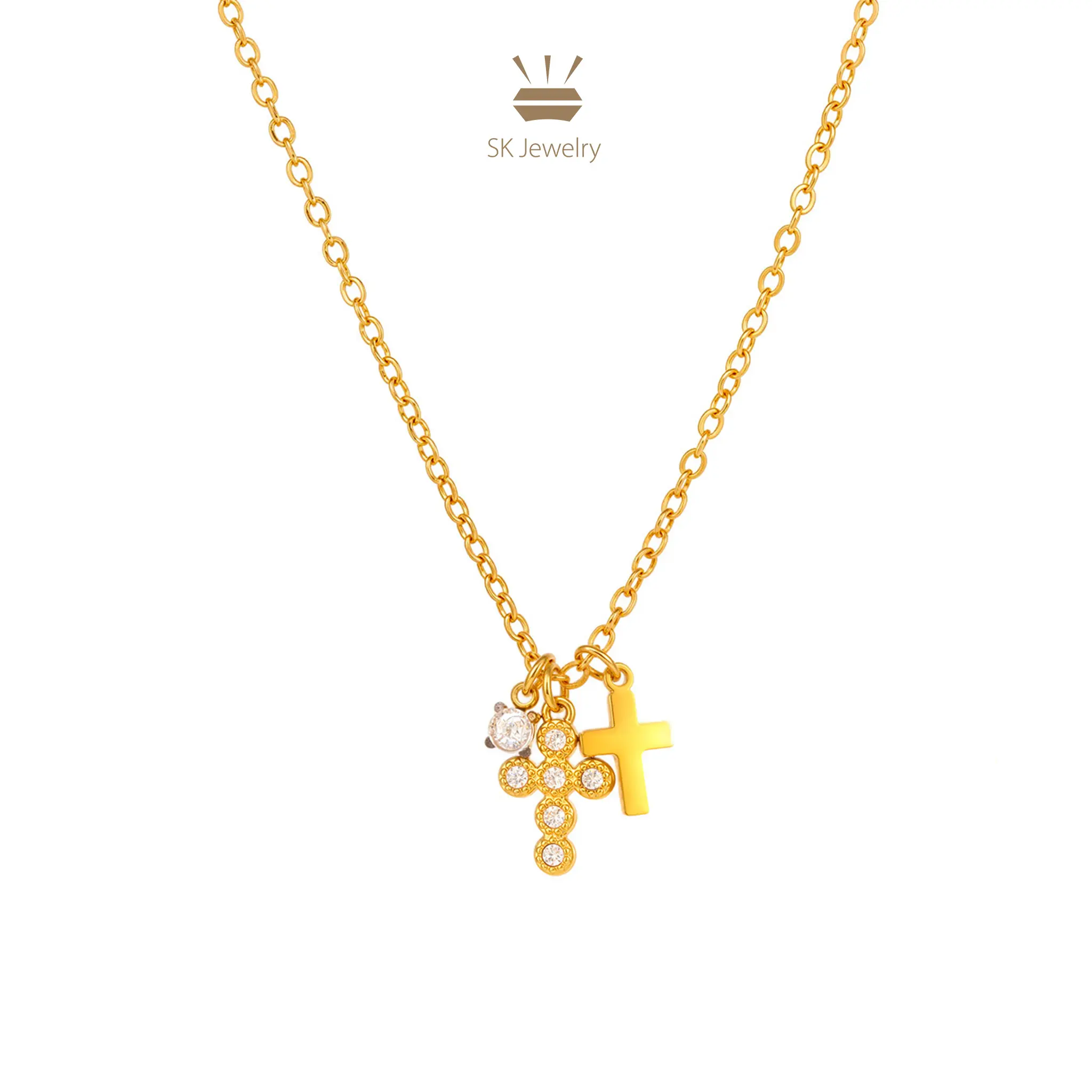 Dainty Gold Plated 316L Surgical Stainless Steel Double Cross Double Chain Necklace - Layered Necklaces, CZ Pendant, Waterproof, Hypoallergenic, Graduation Cord, Spiritual Jewelry Accessories, Shower-Safe, Affordable Gym Gift, Gold Plated Crucifix, Cross,