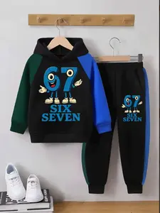 Casual Fitted Set, Colorblock Hoodie & Drawstring Pants, All-Over Printed Design, Fall/winter Season, Trendy Kids