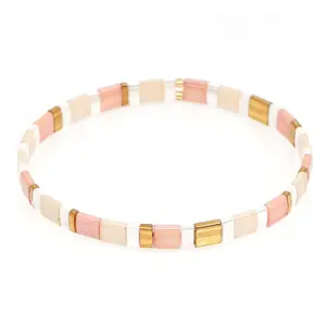 Shinus Boho Tila Flat Beaded Stretch Bracelet for Women Handmade Bohemian Beige Glass Square Beads Bracelet Trendy Prom Holiday Accessories Gift Friendship Gift for Women Gift for her adjustable fashion accessory