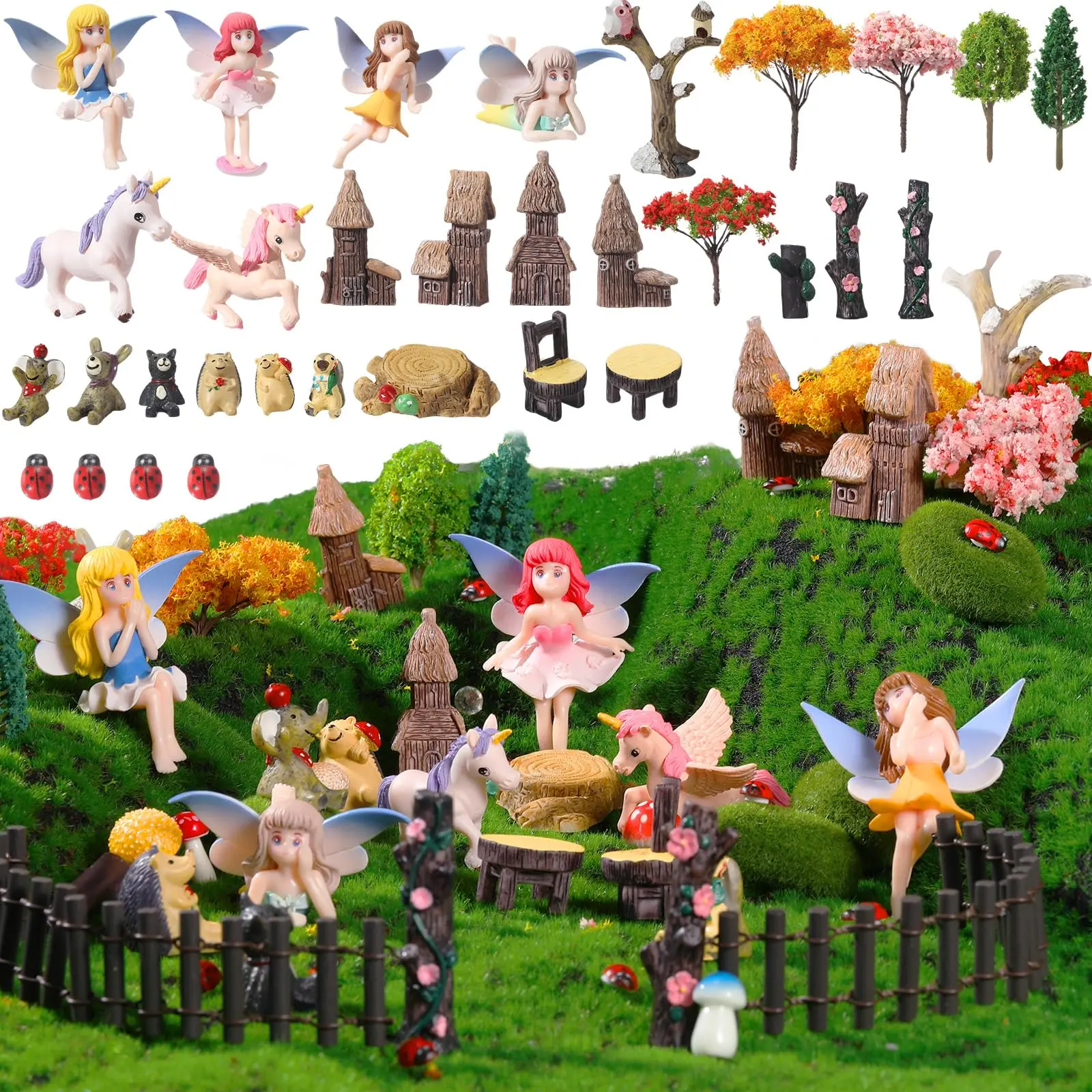 Mini Fairy Garden Accessories Set DIY Fairy Garden Kit Miniature Fairy Figurines Tiny Homes Mini Animals for Outdoor Indoor Yard Lawn Decorations DIY Succulent Dollhouse Craft Micro Landscape Terrarium Ornaments
