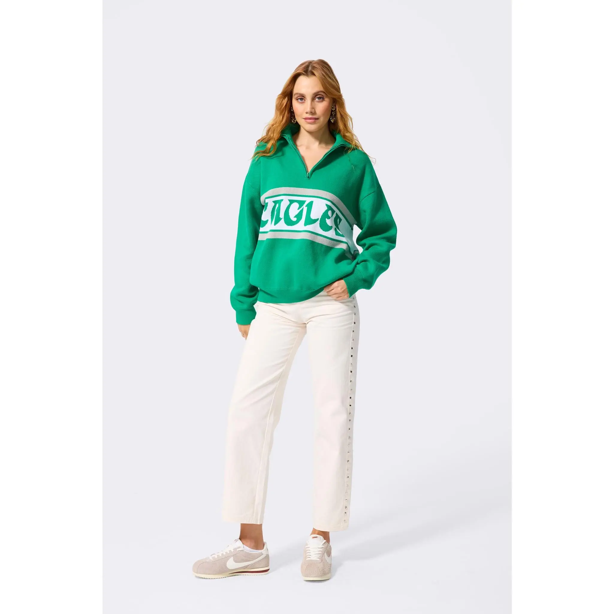 Eagles Logo Stripe Quarter Zip Sweater in Vintage Kelly Green