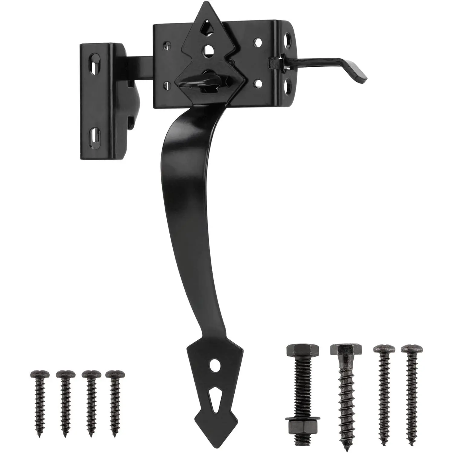 Thumb Gate Latch Hardware for Wooden Fence Heavy Duty, Self Closing Door Latches with 8" Decorative Handle, Gate Lock Kit for Outdoor Garden, Pool, Metal Gate, Vinyl Fence, Steel, Black Finish