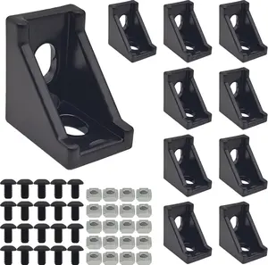 10Set Black 2020 Series  Extrusion Profile Connector, 20mm x 28mm x 28mm L-Shaped Corner Brackets with 40 count M5 T Slot Nut and Hex Bolt for 6mm 20S  Profile Rail Accessories
