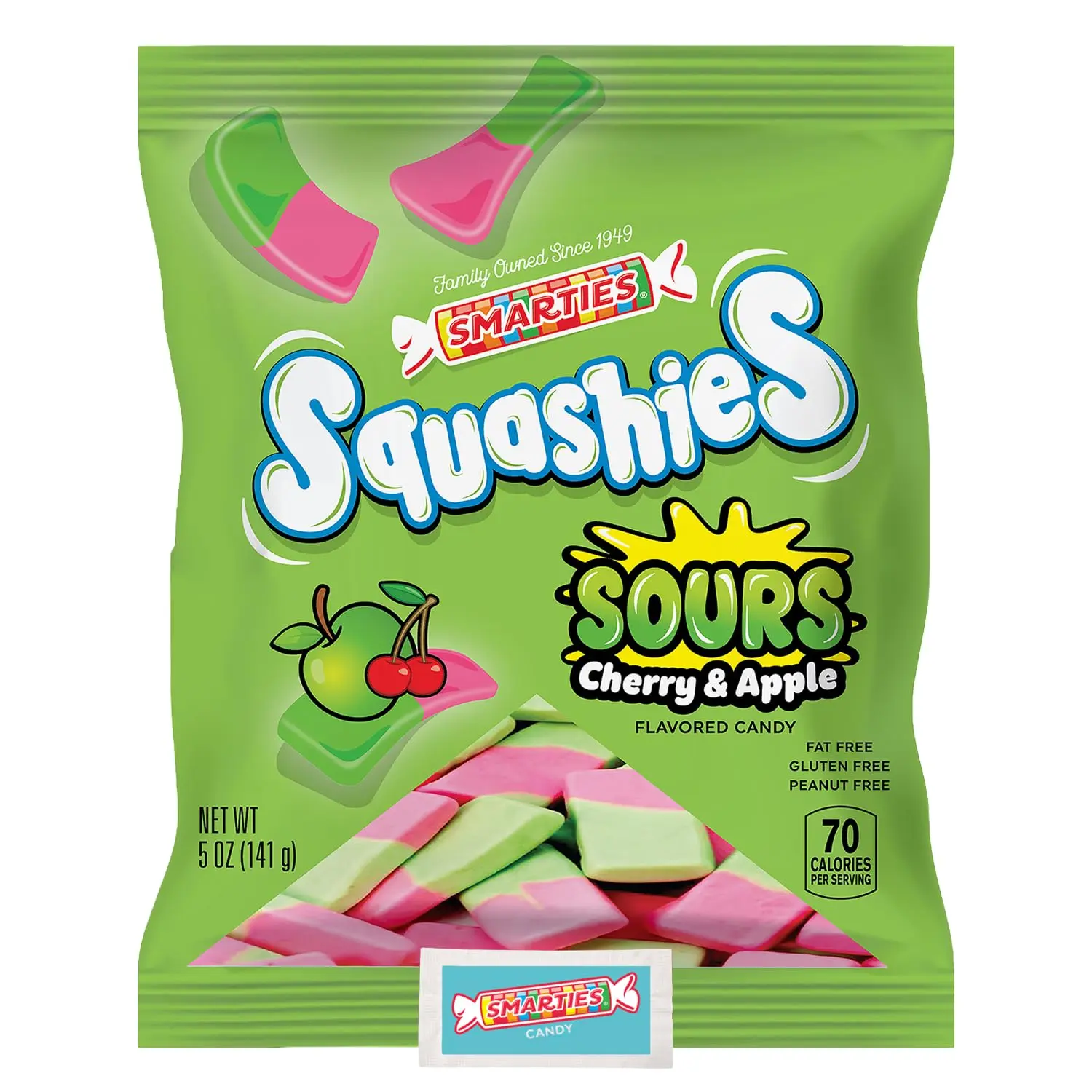Smarties Squashies Foam Gummy Candies & Smarties Sample Packet Variety-Pack - Sour Cherry & Apple Flavored - Peanut Free & Gluten Free Candy - Soft & Chewy Squashies Candies for Parties & Birthdays - 5 oz Bag (Pack of 1)