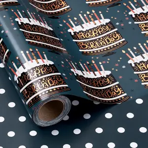 Reversible Metal Foil Dots Birthday Cake Pattern Gift Wrap Paper, Birthday Theme Gift Wrap Roll, 43.2cm X 1000cm