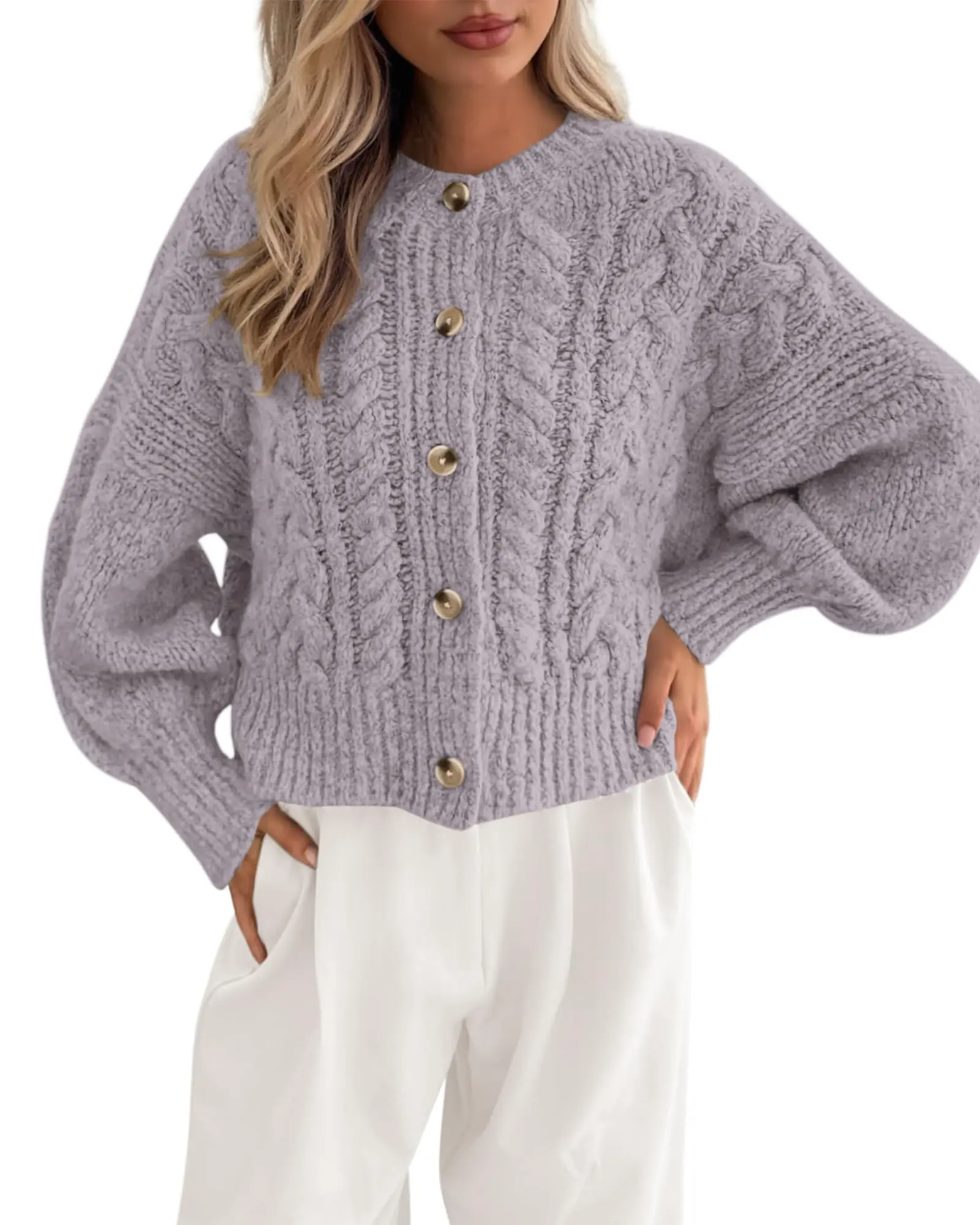 BTFBM Cardigan Sweaters for Women Fall Fashion 2026 Button Down Lantern Long Sleeve Cable Knit Chunky Cropped Sweater #Clearance