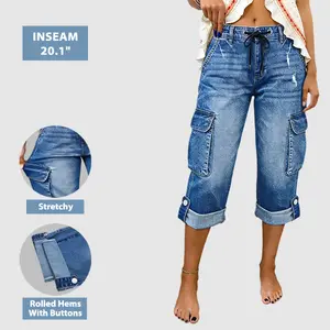 Flamingals Flap Pocket Roll Hem Drawstring Mid Rise Straight Leg Capri Cargo Jeans Stretchy 20.1'' Inseam