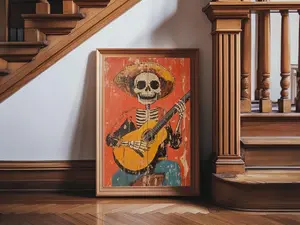 Arte Mexicano - Print - Chicano Art - Skeleton Vaquero playing a guitarra, Mexican Inspired Wall Art, Southwestern Art NUEVART