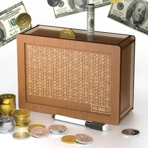 10,000 Savings Challenge Box – Wooden Cash Vault with Number Tracker & Erasable Pen | Kakeibo Money Saving Box for Adults & Kids
