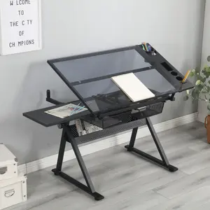 Drafting Table, 0-75 °   Adjustable Glass Top Artist Table  - Height Adjustable Drafting Desk with Large Storage for Painting & Crafting - Ideal for Designers and Art Students (black)