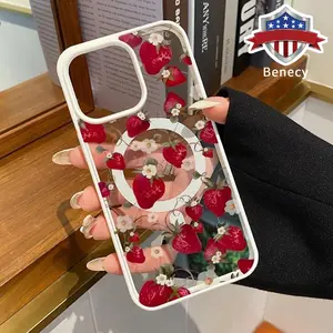 Wild Strawberry Daisy Pattern Magnetic Phone Case Supports Wireless Charging for iPhone 15 16 14 Pro Max 13 12 11 XR XS Plus Shockproof Non Slip Protection Silicone Transparent Acrylic Cover Cellphone Protective