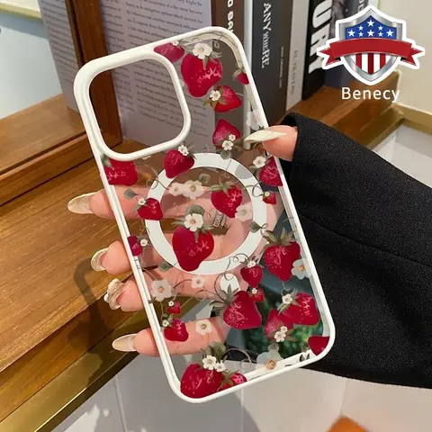 Wild Strawberry Daisy Pattern Magnetic Phone Case Supports Wireless Charging for iPhone 15 16 14 Pro Max 13 12 11 XR XS Plus Shockproof Non Slip Protection Silicone Transparent Acrylic Cover Cellphone Protective