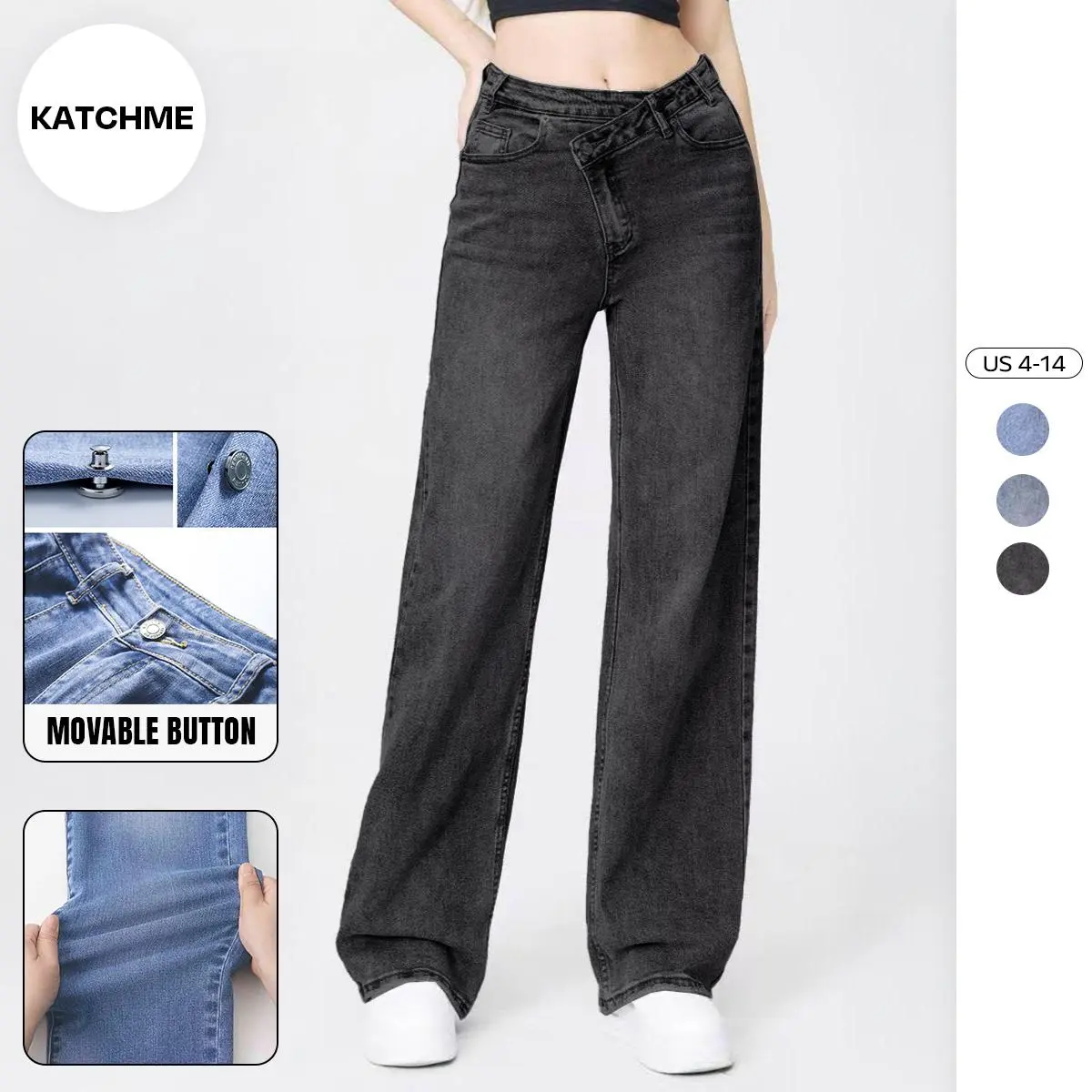 KatchMe Women's Street Denim Chic High Waist Multi-Pocket Baggy Wide Leg Jeans (2), Casual Streetwear Outfits, Asymmetric Waist Denim Trousers