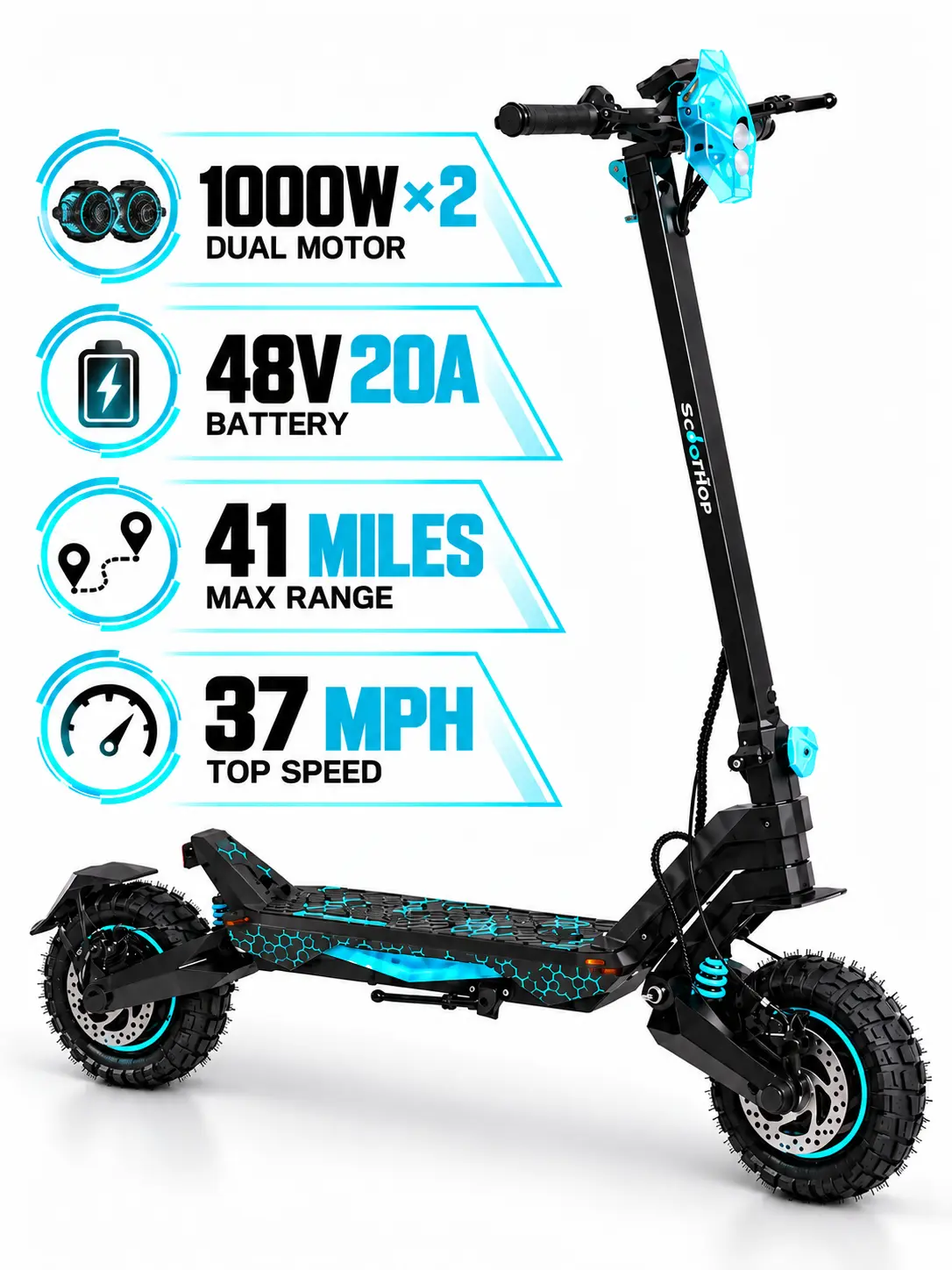 Electric Scooter for Adults, 2000W Dual Motor (1000W x 2), 37 MPH Top Speed, 41 Miles Max Range, 48V 20Ah Battery, Off-Road All-Terrain E-Scooter with Wide Deck, Disc Brakes & Rugged Tires for Commuting and Outdoor Adventures