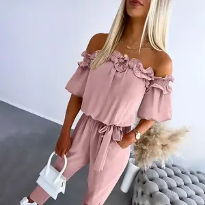 Women's Off Shoulder Frill Hem Tied Detail Jumpsuit Fit Casual