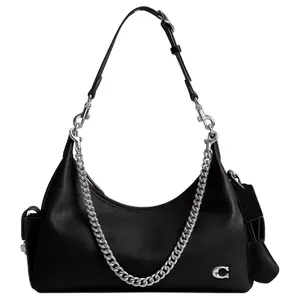 COACH Pocket Juliet 30 Leather Moto Shoulder Bag for Women, Large Size, Silver Hardware, Black